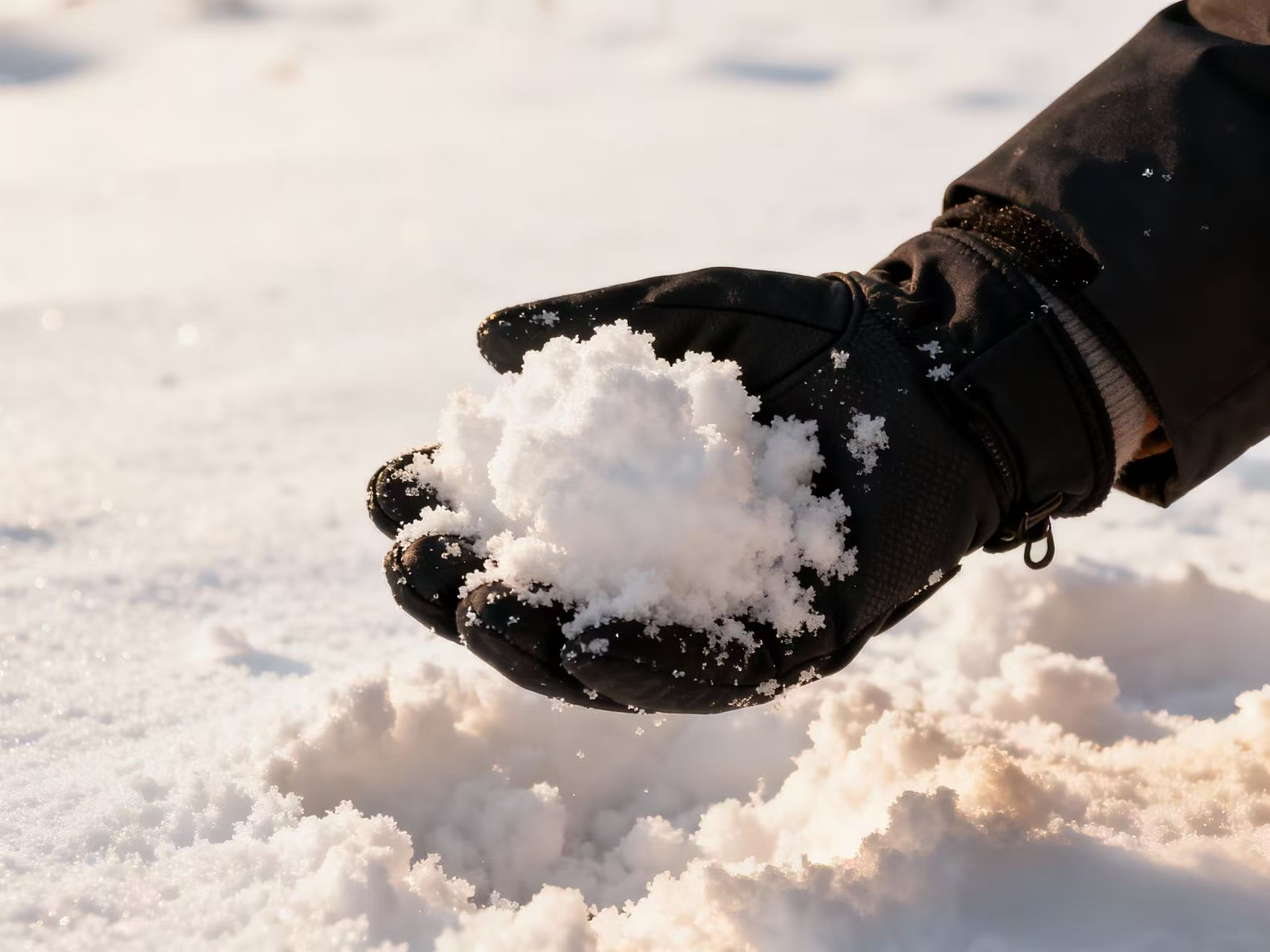Close-up of fine artificial snow crystals produced by high-temperature snow making equipment