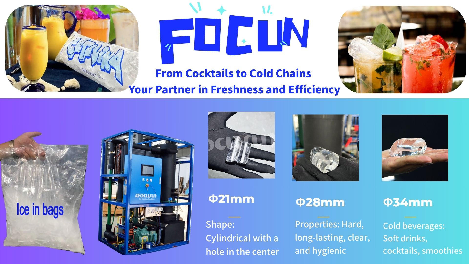 Different tube ice sizes and specifications produced by Focusun tube ice machines