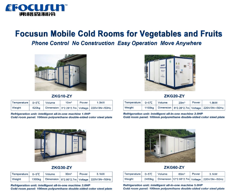 Containerized cold room specifications detailing ISO container dimensions, high-density insulation parameters, and HACCP certifications.