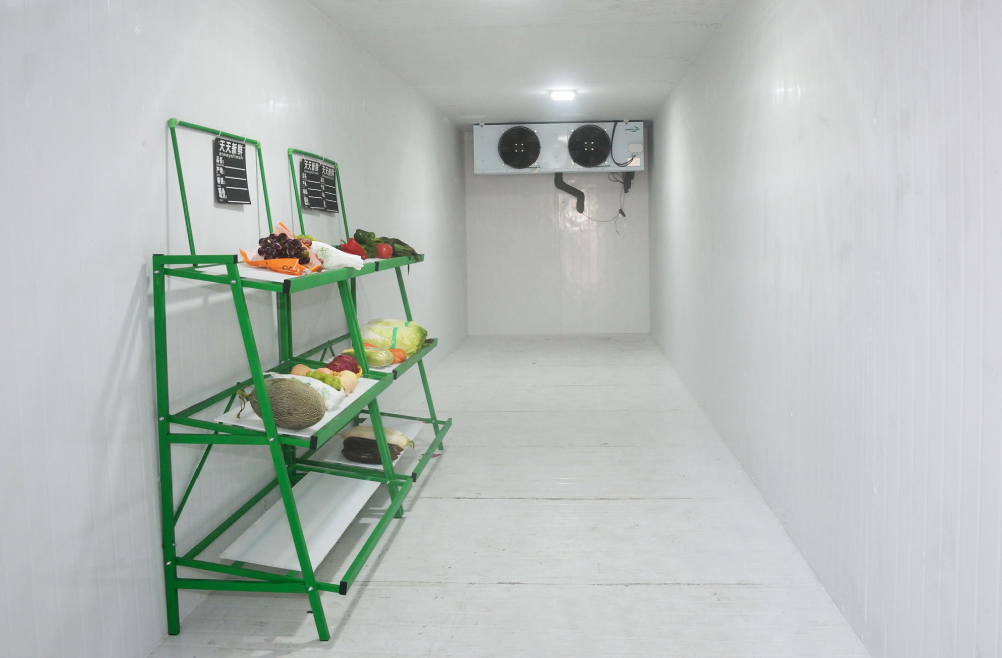 Clean interior of containerized cold room constructed with hygienic, food-grade SUS304 stainless steel walls.